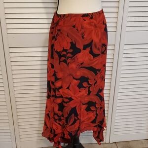 Chicos 100% Silk Floral Red and Black Women's Skirt, Size 16